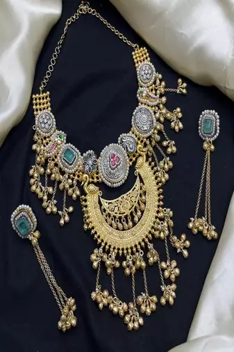 Rajwadi kundan necklace set, antique gold dual tone indian bridal jewelry, peacock choker
