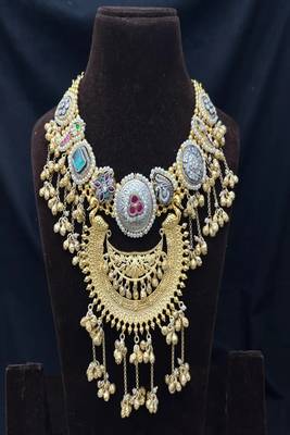 Rajwadi kundan necklace set, antique gold dual tone indian bridal jewelry, peacock choker 3
