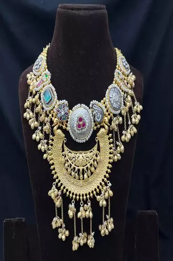 Rajwadi kundan necklace set, antique gold dual tone indian bridal jewelry, peacock choker