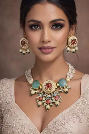 Pink green kundan meenakari choker set, pearl strands