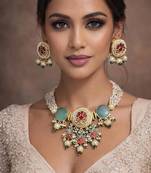 Pink green kundan meenakari choker set, pearl strands
