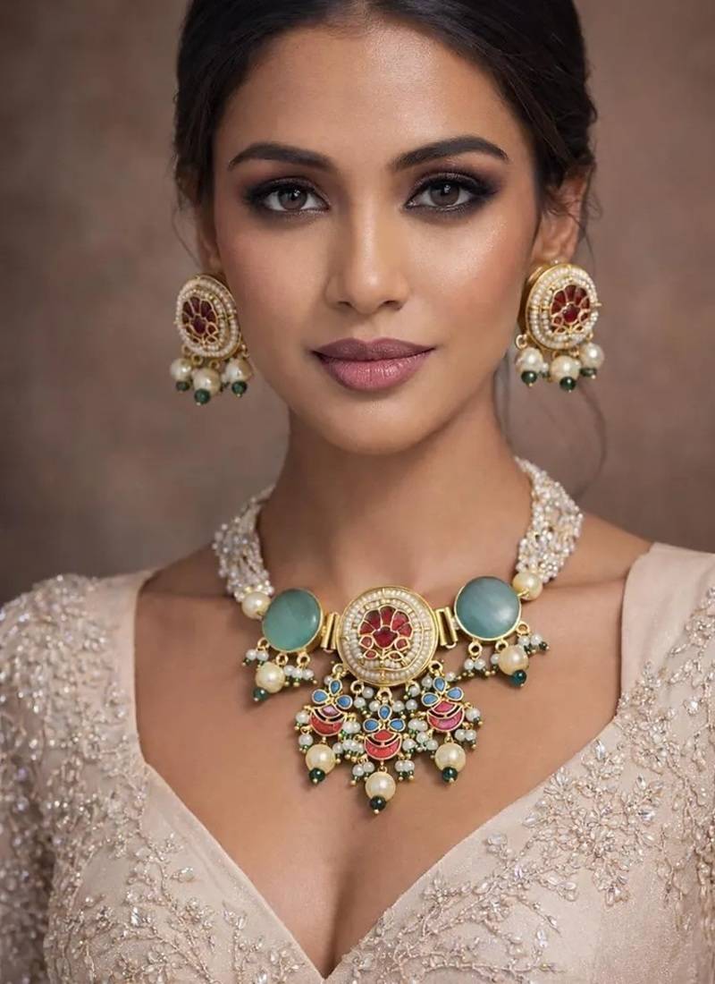 Pink green kundan meenakari choker set, pearl strands