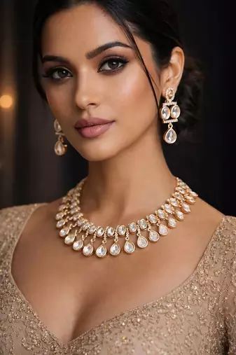 Moissanite polki kundan necklace set | gold plated indian bridal jewelry | uncut stone choker necklace with earrings