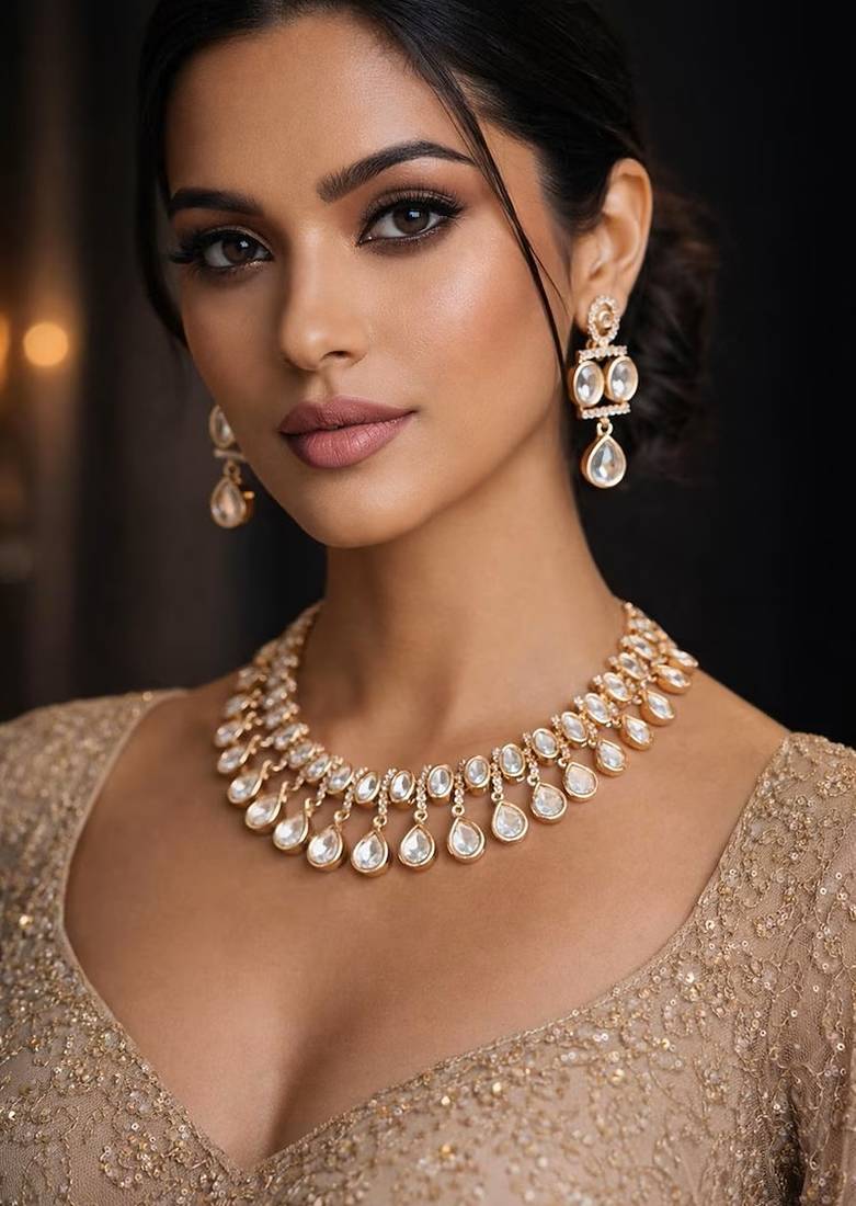 Moissanite polki kundan necklace set | gold plated indian bridal jewelry | uncut stone choker necklace with earrings