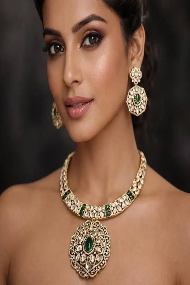 Victorian kundan polki choker necklace set with emerald green stones