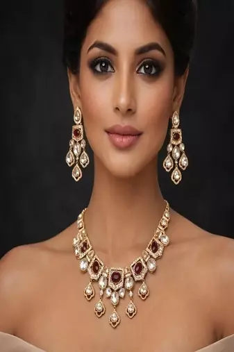 Victorian polki kundan necklace set with ruby red stones | gold plated indian bridal jewelry