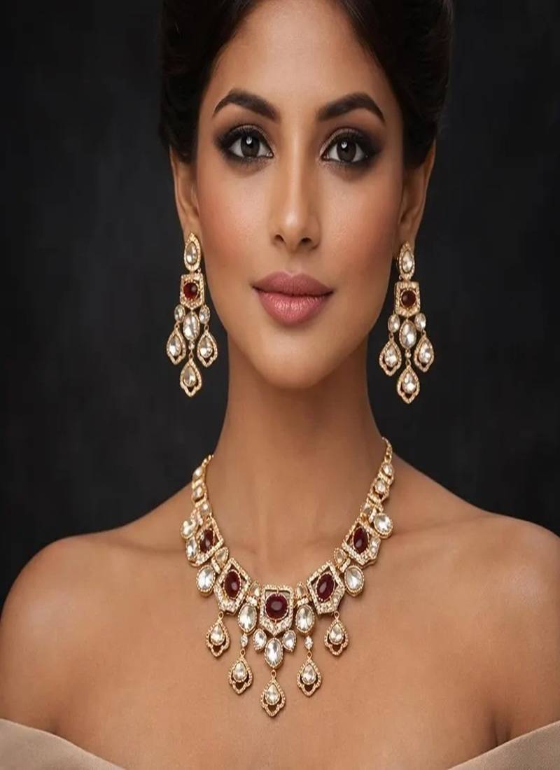 Victorian polki kundan necklace set with ruby red stones | gold plated indian bridal jewelry