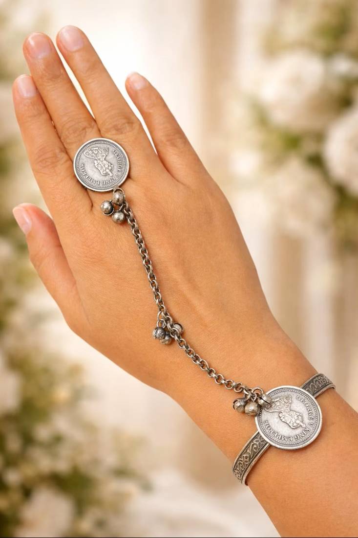 Oxidised coin hand harness bracelet ring | antique silver indian haathphool jewelry