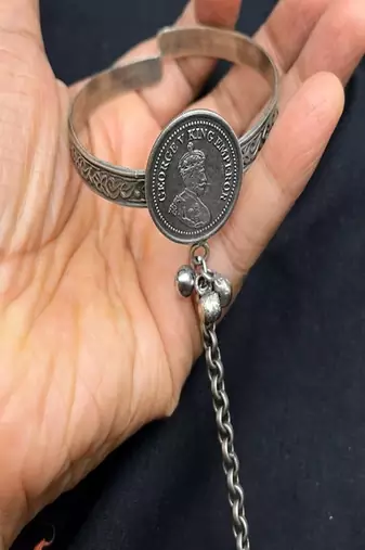 Oxidised coin hand harness bracelet ring | antique silver indian haathphool jewelry