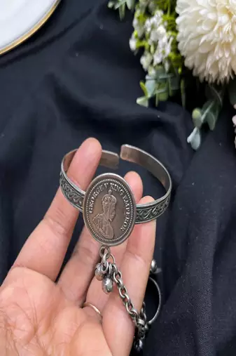 Oxidised coin hand harness bracelet ring | antique silver indian haathphool jewelry