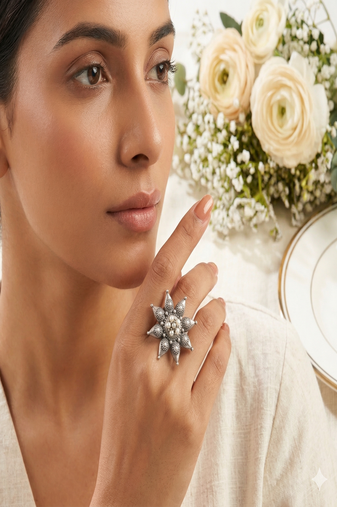 Oxidised silver floral statement ring for women | handmade ethnic boho adjustable finger ring