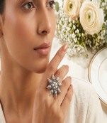 Oxidised silver floral statement ring for women | handmade ethnic boho adjustable finger ring