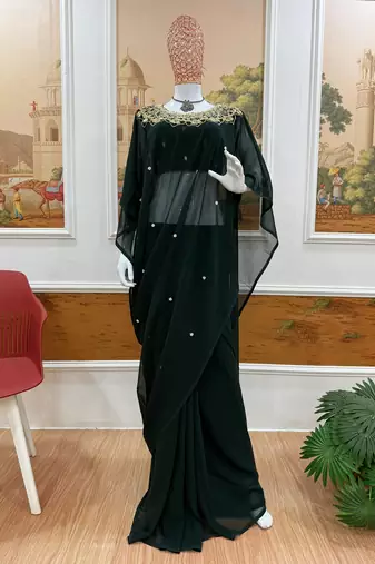 Green color embroidery work with real mirror & pearls hand work 2 styles drape faux georgette saree with stitched blouse