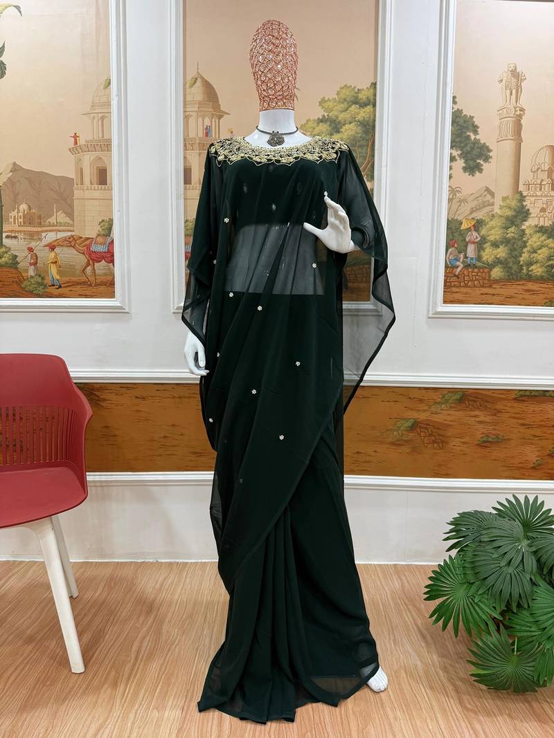 Green color embroidery work with real mirror & pearls hand work 2 styles drape faux georgette saree with stitched blouse