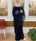 Navy blue color embroidery work real mirror & pearls work 2 styles drape faux georgette saree with stitched blouse