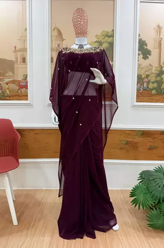Wine color embroidery work with real mirror & pearls hand work 2 styles drape faux georgette saree with stitched blouse