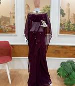 Wine color embroidery work with real mirror & pearls hand work 2 styles drape faux georgette saree with stitched blouse