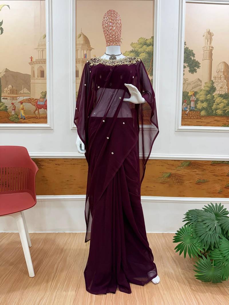 Wine color embroidery work with real mirror & pearls hand work 2 styles drape faux georgette saree with stitched blouse