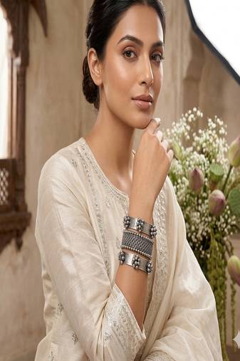 Set of 3pc oxidized silver tribal bangles set, boho statement cuff bracelet kada