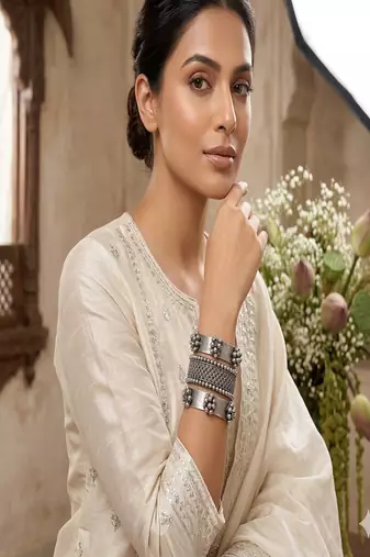 Set of 3pc oxidized silver tribal bangles set, boho statement cuff bracelet kada