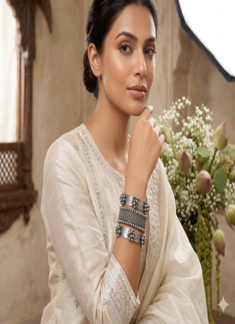 Set of 3pc oxidized silver tribal bangles set, boho statement cuff bracelet kada