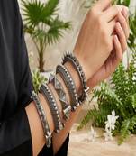 Oxidized silver tribal bangle | boho screw lock kada, set of 5