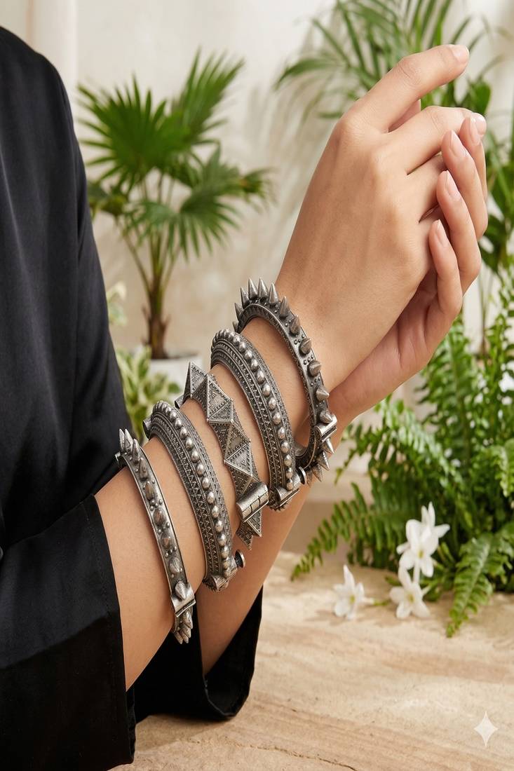 Oxidized silver tribal bangle | boho screw lock kada, set of 5