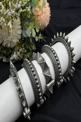 Oxidized silver tribal bangle | boho screw lock kada, set of 5 3