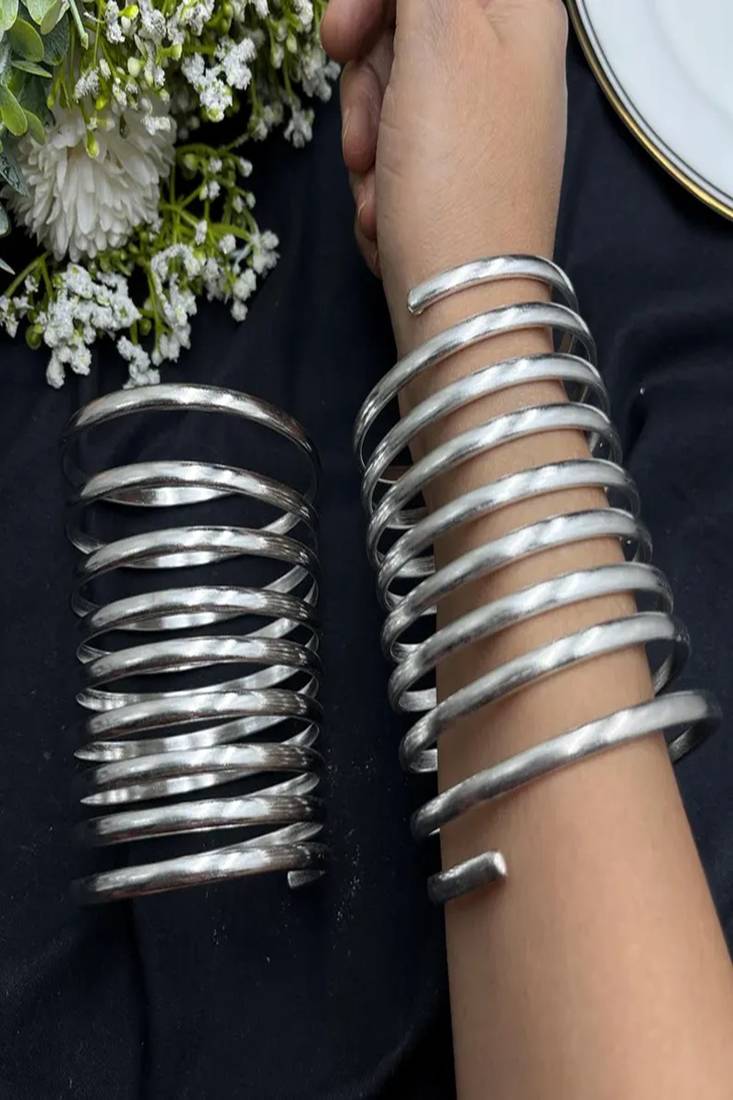 Silver spiral coil arm cuff bangle bracelet chunky statement forearm cuff, minimalist silver tone armlet