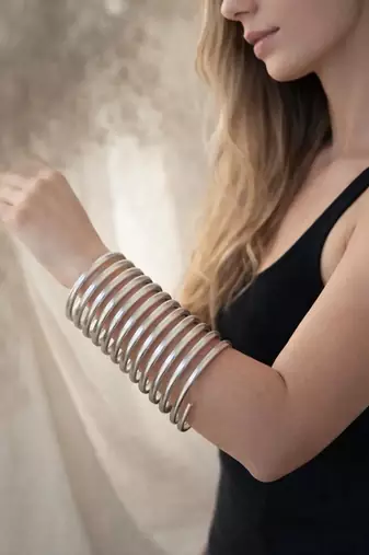Silver spiral coil arm cuff bangle bracelet chunky statement forearm cuff, minimalist silver tone armlet