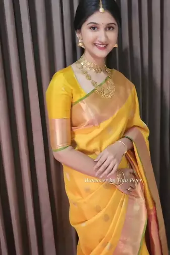 Yellow silk blend banarasi jaquard designer saree with blouse