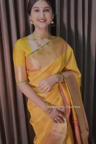 Yellow silk blend banarasi jaquard designer saree with blouse