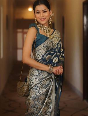 Blue silk blend banarasi jaquard designer saree with blouse 2