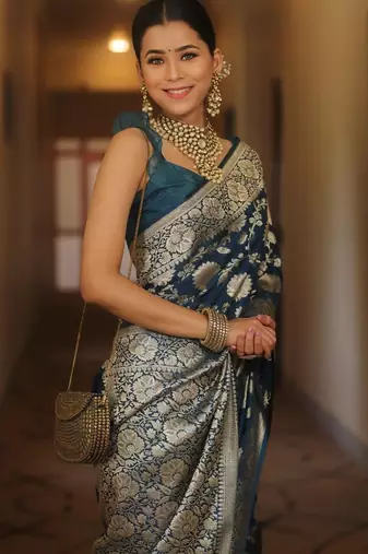 Blue silk blend banarasi jaquard designer saree with blouse