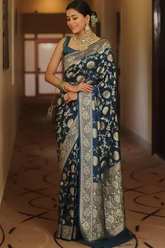 Blue silk blend banarasi jaquard designer saree with blouse