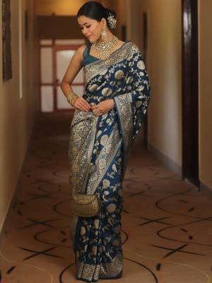 Blue silk blend banarasi jaquard designer saree with blouse 4