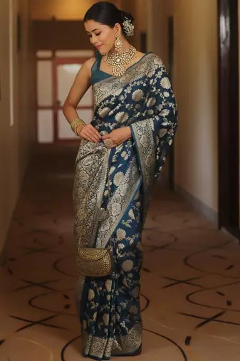 Blue silk blend banarasi jaquard designer saree with blouse