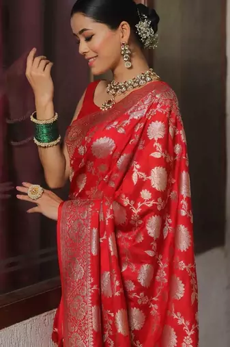 Red silk blend banarasi jaquard designer saree with blouse