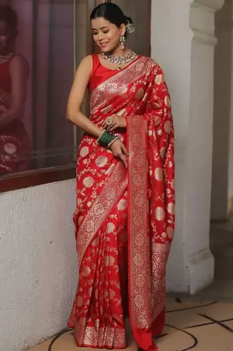 Red silk blend banarasi jaquard designer saree with blouse
