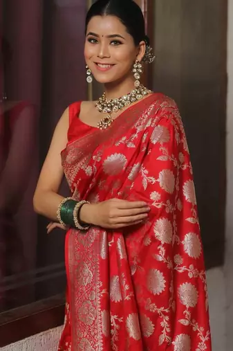 Red silk blend banarasi jaquard designer saree with blouse