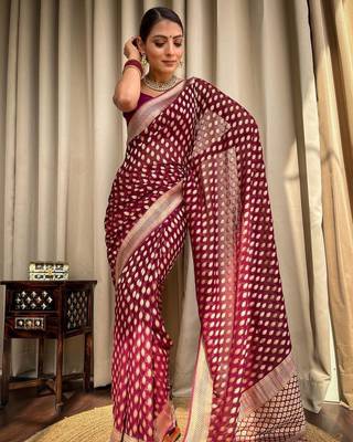 Wine silk blend banarasi jaquard designer saree with blouse 2