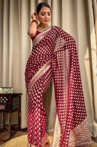 Wine silk blend banarasi jaquard designer saree with blouse