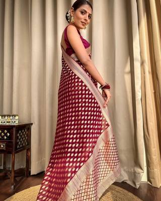Wine silk blend banarasi jaquard designer saree with blouse 3