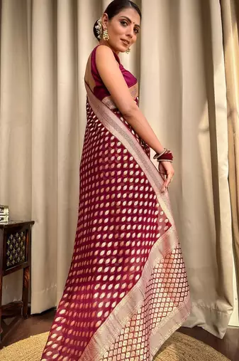 Wine silk blend banarasi jaquard designer saree with blouse