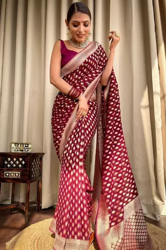 Wine silk blend banarasi jaquard designer saree with blouse