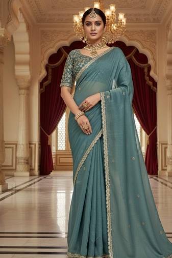 Sky Blue Color Embroidery Work Moss Silk Saree