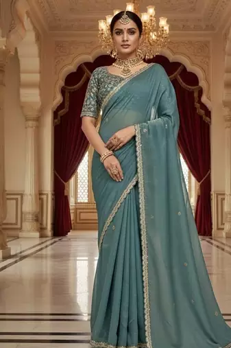 Sky Blue Color Embroidery Work Moss Silk Saree