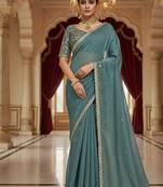Sky Blue Color Embroidery Work Moss Silk Saree