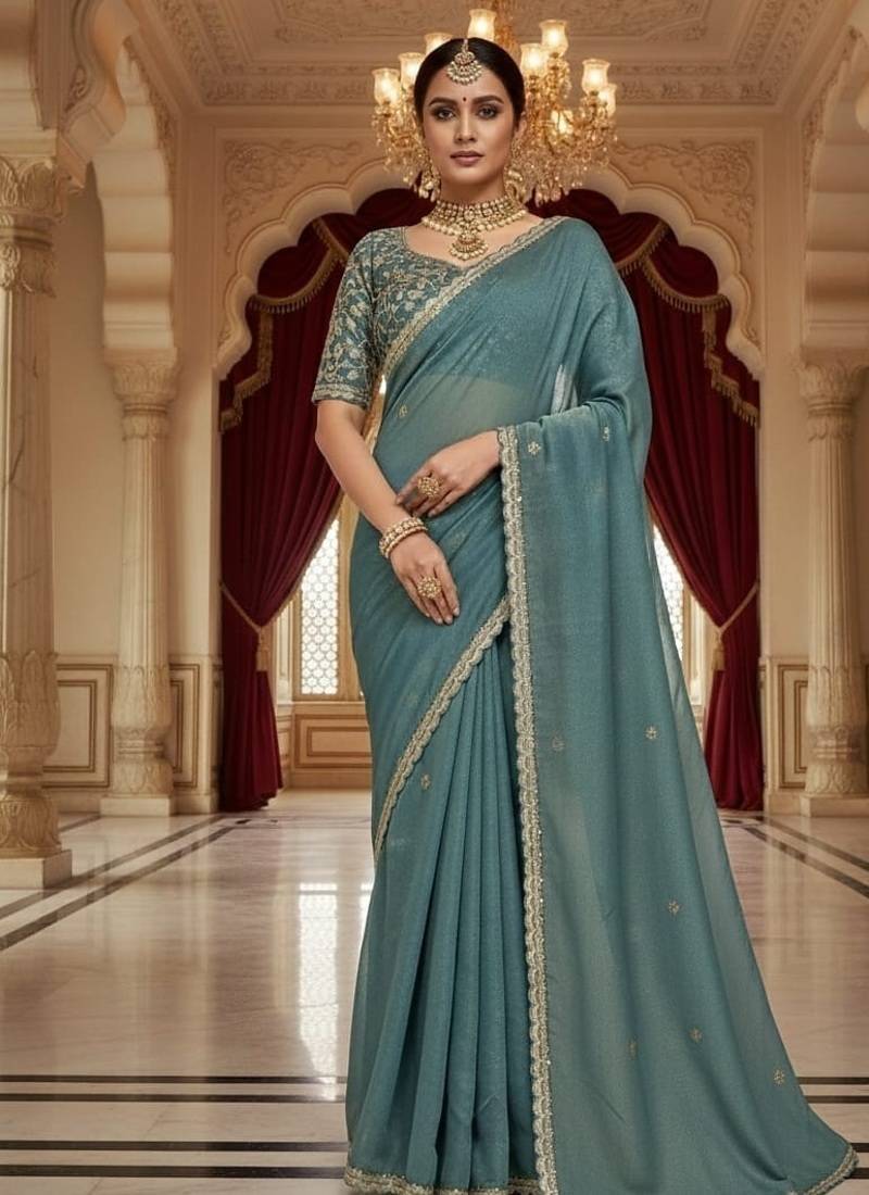 Sky Blue Color Embroidery Work Moss Silk Saree