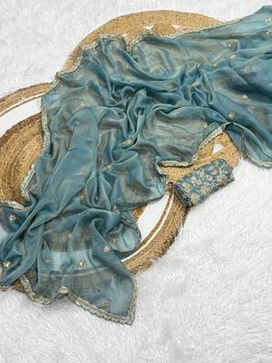 Sky Blue Color Embroidery Work Moss Silk Saree 2